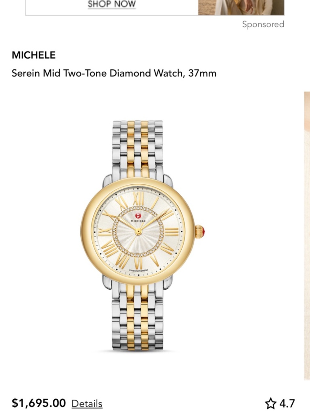 Michele Two-Tone Silver and Gold Bracelet Watch with Mother-of-Pearl Dial - Picture 5 of 9